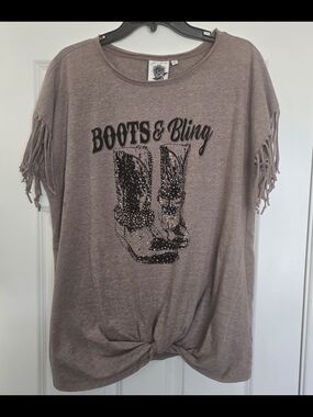 Western Brown Boots & Bling Knotted Front Top, Size 3X